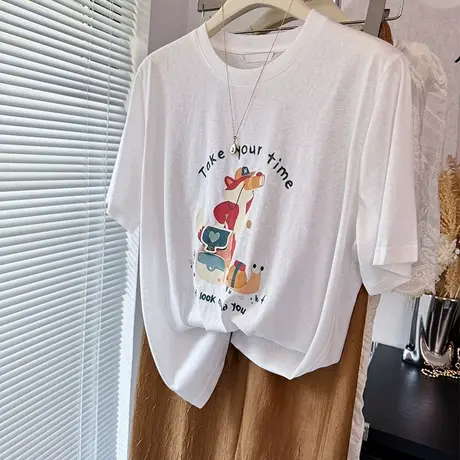 凉爽韩版青春减龄可爱卡通印花雪花棉短袖T恤女薄 绿色白色体恤商品大图
