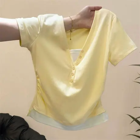 chic甜辣黄色假两件短袖T恤女夏季韩版修身短款小个子正肩上衣潮图片