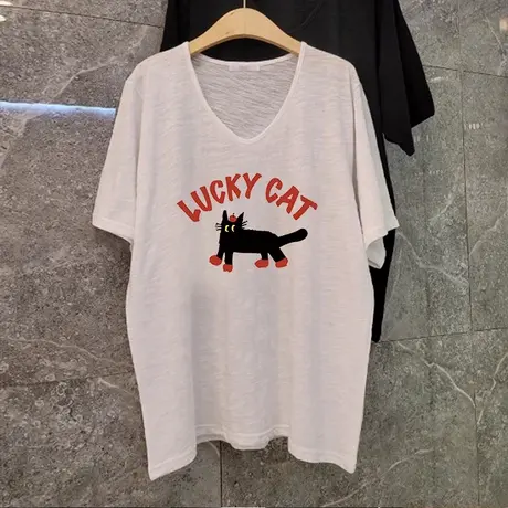 港味复古chic短袖女夏季V领大码竹节棉T恤宽松慵懒风潮牌ins上衣商品大图