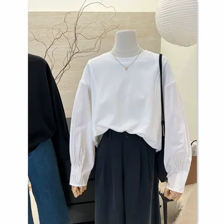 2024秋季新款韩系设计感圆领宽松拼接衬衣袖外穿上衣长袖t恤女潮商品大图