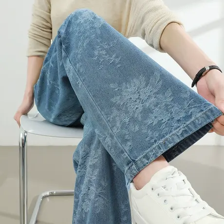 印花提花牛仔裤女夏季薄款高腰宽松直筒百搭垂坠感显瘦拖地阔腿裤商品大图