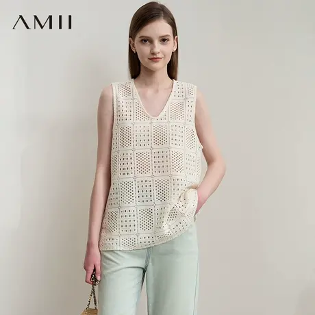 AMII【森系针织背心T恤】25夏简约舒适V领针织镂空无袖针织T恤图片