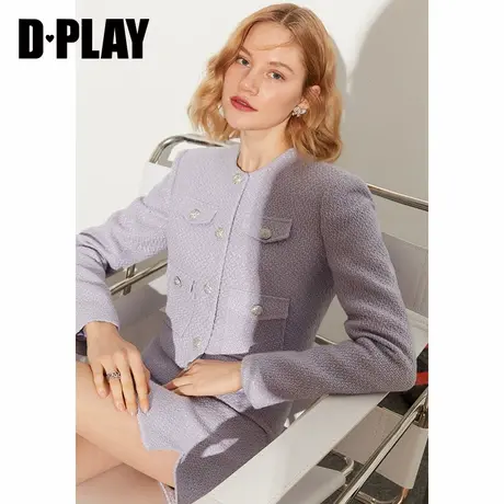DPLAY秋冬款温柔紫色立体玫瑰花扣圆领修身短款外套商品大图