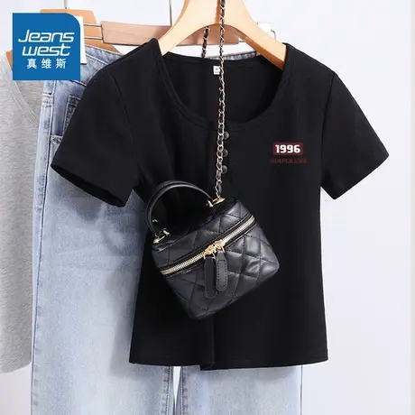 KMV真维斯黑色u领开扣短袖t恤女2025新款夏修身显瘦休闲短款上衣图片