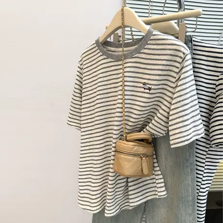 设计感小众卡通刺绣短袖T恤女夏季韩版显瘦宽松撞色条纹半袖上衣图片