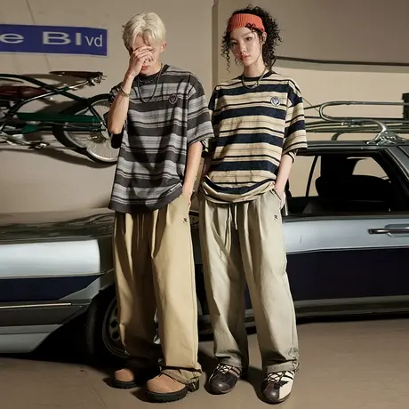 Nuthink美式复古条纹短袖T恤情侣男女潮牌半袖体恤2025夏季新款商品大图