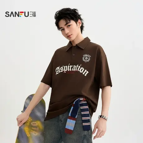 三福2025秋季男士哥特字母翻领短T恤 街头微落阔版上衣506131商品大图