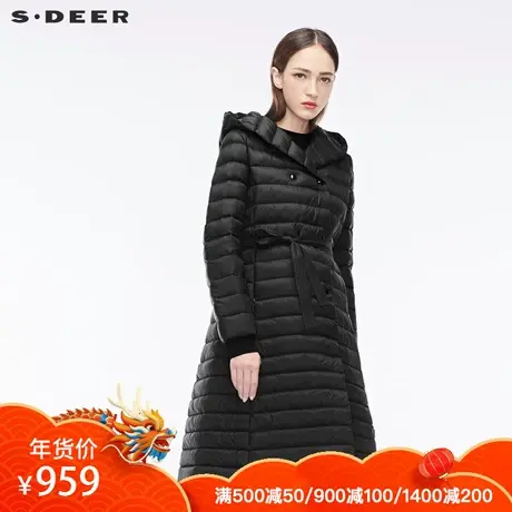 sdeer圣迪奥女腰部系带装饰双排扣设计休闲连帽羽绒服S18482460图片