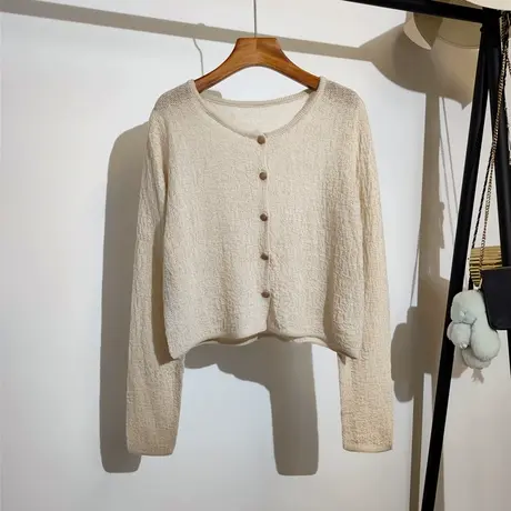 镂空针织开衫女春夏新款韩版圆领吊带裙子外搭短款披肩上衣防晒衫商品大图