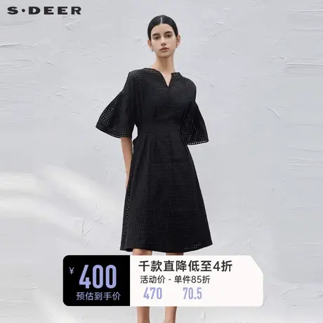 sdeer圣迪奥女装V领格子收腰吊带两件套中袖连衣裙S232Z12FS🚉商品大图