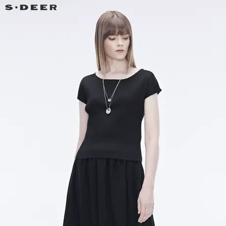 sdeer圣迪奥女简约圆领肌理褶皱修身蝙蝠袖T恤S19280165图片
