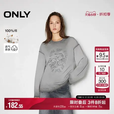 ONLY夏季复古印花宽松落肩圆领纯棉卫衣T恤女|124302009商品大图