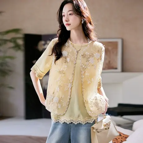 宝诗黎圆领钉珠刺绣镂空马甲2025夏季新中式时尚洋气百搭薄款外套商品大图