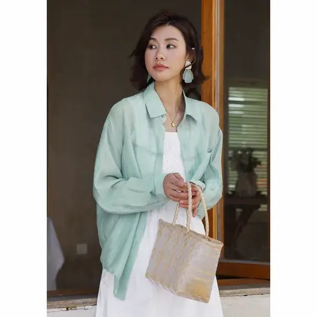 弥古绿色冰丝防晒天丝衬衫外套薄款女夏季外搭开衫衬衣罩衫中长款商品大图