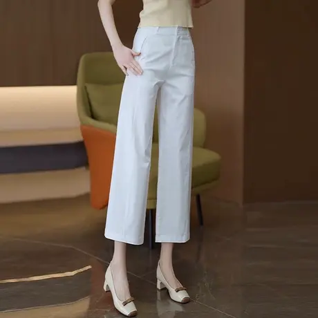 白色天丝棉休闲窄版直筒裤女2025夏薄款垂顺轻薄九分裤时尚阔腿裤商品大图