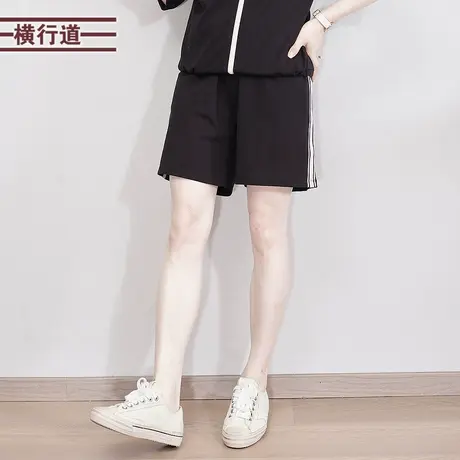 运动风撞色短裤女百搭松紧腰2025新款夏季宽松休闲裤子黑色显瘦商品大图