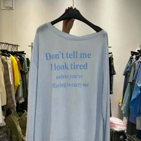 韩国东大门夏季新款字母印花宽松薄款防晒一字领斜肩长袖T恤上衣商品大图