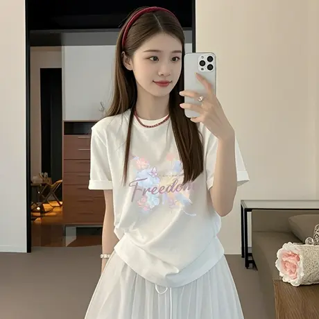 KHV真维斯白色正肩短袖t恤女夏2025新款宽松大码女装纯棉半袖上衣商品大图