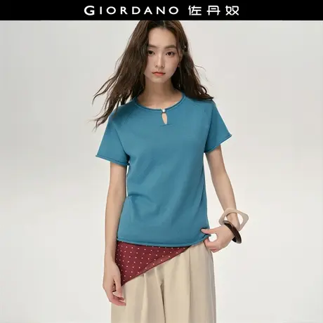 设计师款佐丹奴镂空针织衫女卷边圆领插肩短袖针织上衣女18355810商品大图