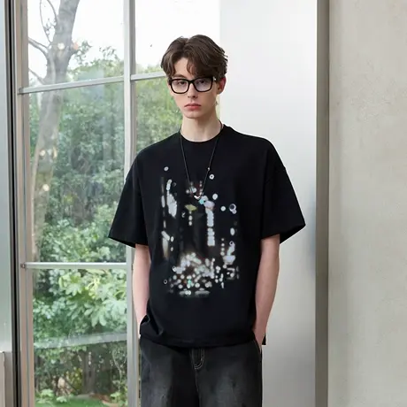 Lilbetter重磅250g全棉霓虹抽象印花短袖T恤男士潮流宽松半截袖夏图片