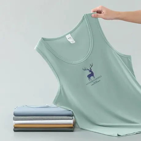 莫代尔背心男夏季冰丝凉感速干无袖吊带小鹿印花汗衫运动健身坎肩图片