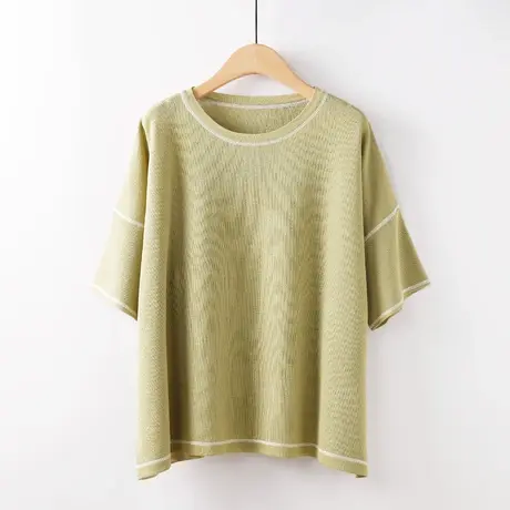 冰丝短袖t恤女夏季新款拼色圆领半袖针织衫宽松大码薄款上衣图片