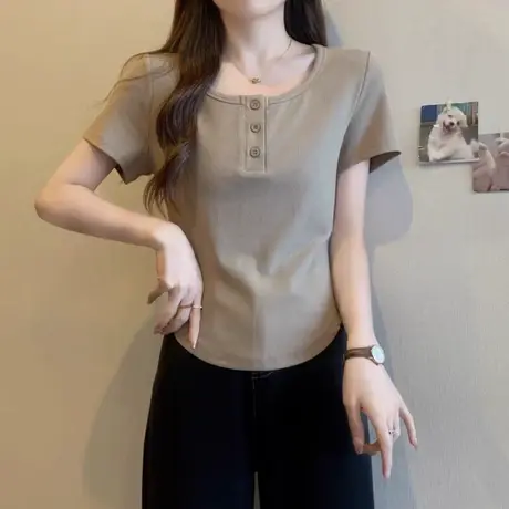 设计感小众纽扣短袖T恤女夏季小个子短款打底衫圆领半袖上衣ins潮图片