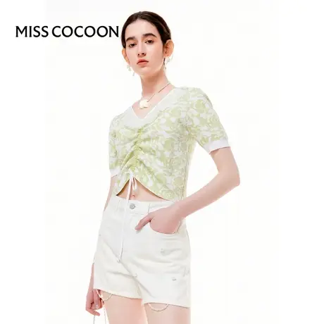 可可尼COCOON【莫奈花园】2024夏季新款抽绳荷叶边性感提花针织衫商品大图