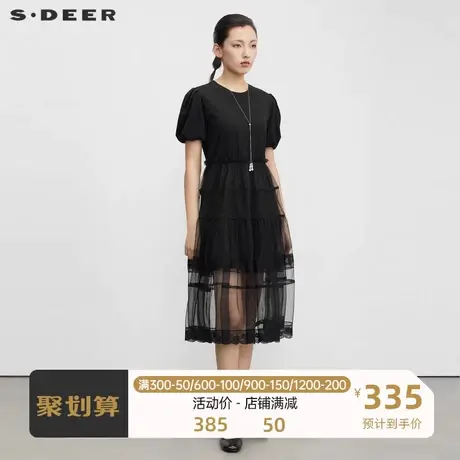 S·🍬DEER圣迪奥女装圆领网纱蕾丝泡泡袖连衣裙S23261204商品大图