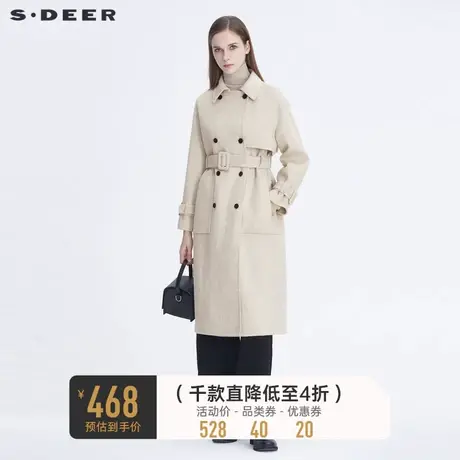 sdeer圣迪奥冬季休闲翻领双排扣收腰双面呢长款大衣女S20461818🐉商品大图