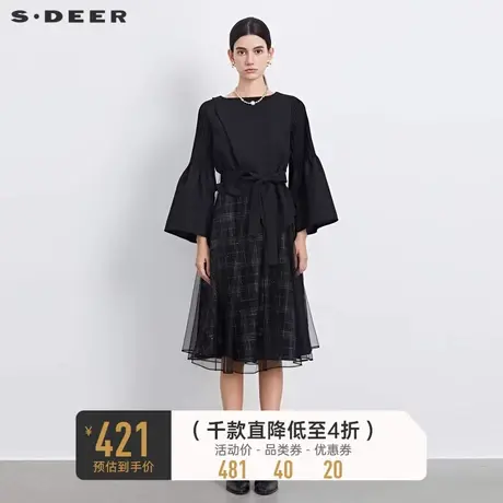 sdeer圣迪奥女装圆领压褶收腰格纹网纱连衣裙S233Z12AS🤦商品大图