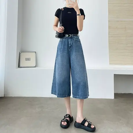 七分牛仔裤女夏季薄款6分短裤高腰复古宽松显瘦直筒阔腿百搭中裤商品大图