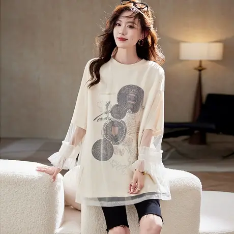 宝诗黎假两件网纱印花棉质T恤2025夏季洋气百搭休闲宽松大码女装图片