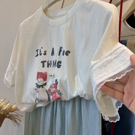 超美花边袖！韩国立体亮片草莓印花卡通减龄百搭显瘦短袖T恤女tee商品大图