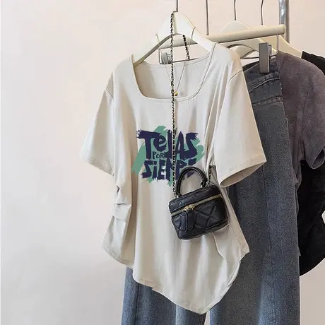 韩版chic正肩收腰T恤女方领高级感大码印花短袖夏ins小众洋气上衣商品大图