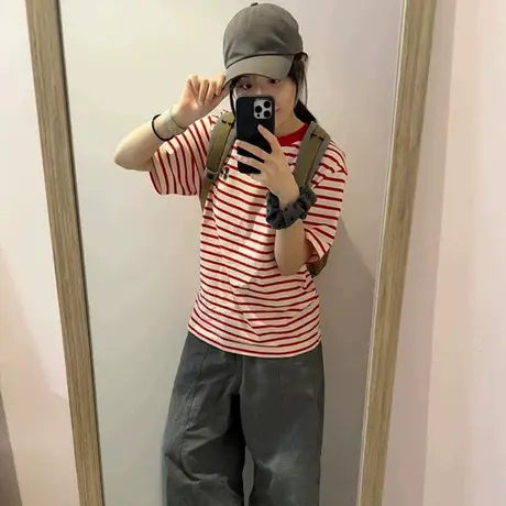 条纹正肩短袖T恤女夏季宽松显瘦韩版百搭刺绣设计感chic别致上衣图片