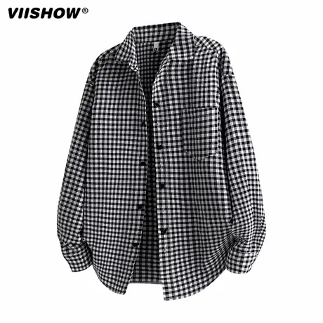 VIISHOW日系复古学院风格子衬衫男秋季新款宽松中长款衬衣外套潮商品大图