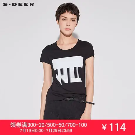 sdeer圣迪奥女2019夏装潮建筑胶印印花短袖黑色圆领T恤S17280131图片
