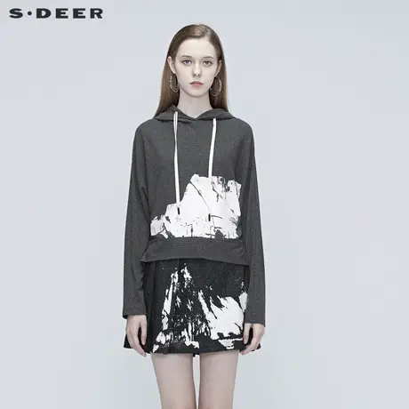 sdeer圣迪奥春装女装宽松连帽印花条纹开衩短款长袖卫衣S20380214图片