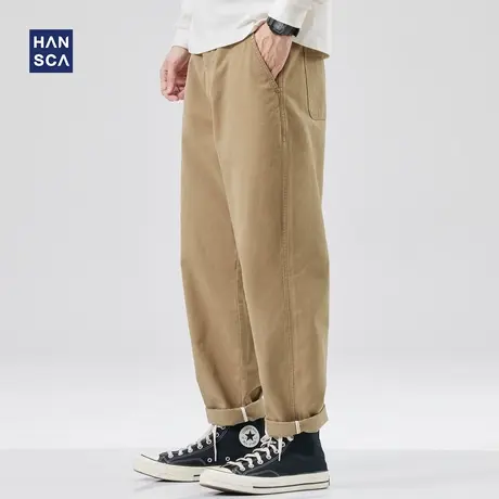 hansca休闲裤男美式重磅复古卡其色宽松直筒潮流青少年纯棉工装裤商品大图