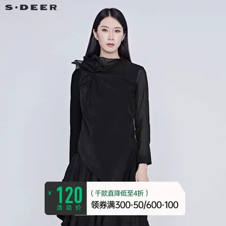 sdeer圣迪奥女上衣夏装不规则网纱花边拼接黑色长袖T恤S20280207🗒商品大图