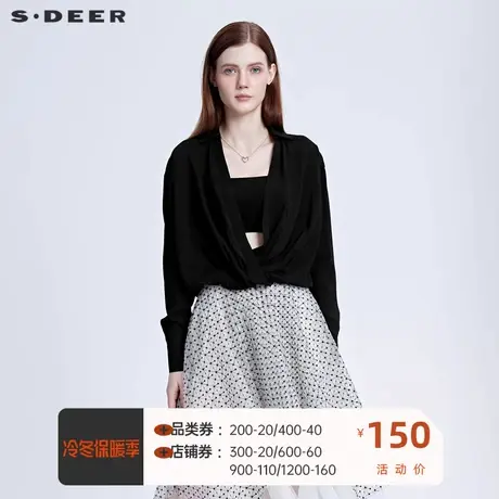sdeer圣迪奥女装V领不规则拼接长袖衬衫别致上衣 复古S21180514图片