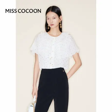 COCOON商场同款2023夏季波点提花系带荷叶领雪纺衬衫女商品大图