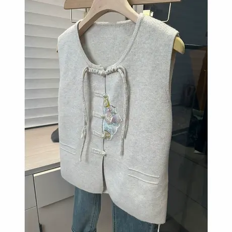 2025年春装新款新中式国风刺绣贴布盘扣针织马甲背心无袖外套上衣商品大图