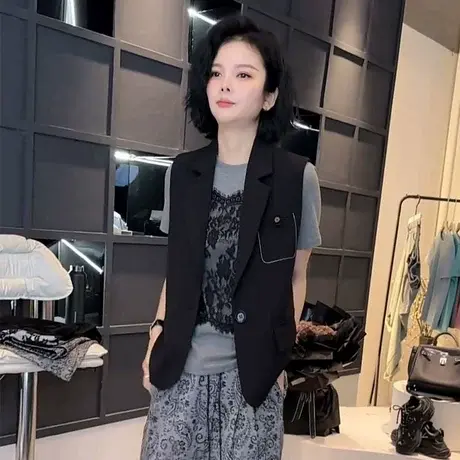 黑色休闲西装马甲女春夏季2025新款外穿背心无袖西服马夹坎肩上衣商品大图