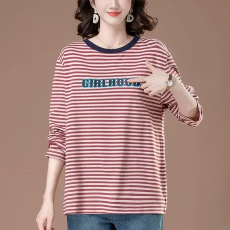 中老年妈妈条纹打底衫春秋季宽松加肥加大码女装遮肚休闲长袖T恤商品大图