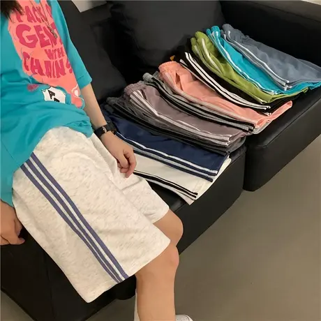 bf原宿风阔腿休闲五分裤女夏季韩版百搭高腰宽松条纹运动跑步短裤图片