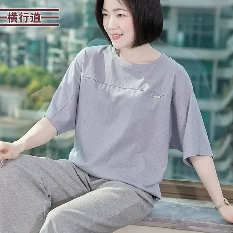 气质宽松T恤女装夏季新款轻松感大码休闲时尚胖mm纯色竹节棉上衣图片