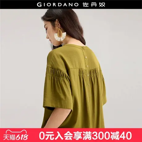 设计师款佐丹奴夏季双面穿缩褶宽松圆领半开襟中袖衬衫女18345804图片