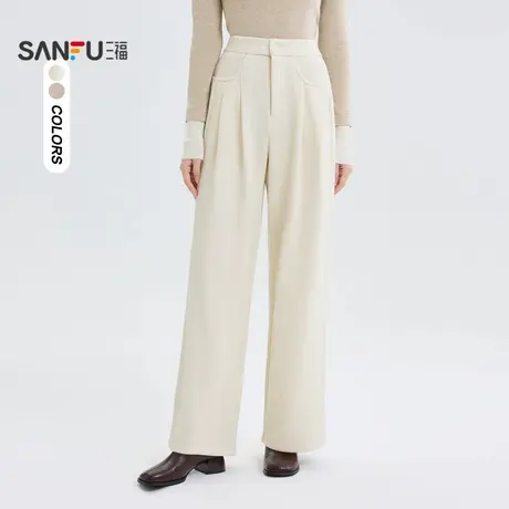 三福休闲裤子女2025新款春季打褶口袋松弛感宽松直筒西装长裤女装商品大图